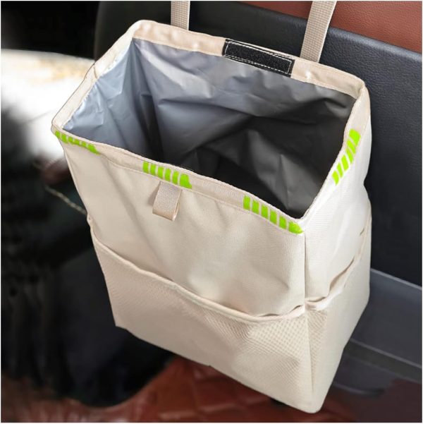 Hanging Car Trash Can with Storage Pockets, Waterproof Leakproof Oxford Auto Garbage Bag, Multi-Use Organizer for Outdoor Traveling, Foldable Trash Bin for Truck, , Home, Office (Beige)