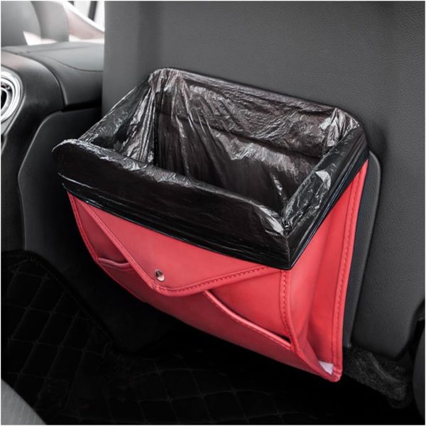 Car Trash Can, Leather Foldable Vehicle Seat Hanging Dustbin Container, Multi-Function Automotive Interior Garbage Storage Organizer Holder Bag Accessories, Universal Fit (Wine Red)