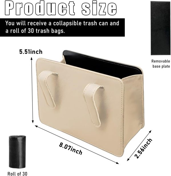 Car Trash Can, Leather Foldable Seat Back Hanging Vehicle Wastebasket, Mini Multifunctional Automobile Organizer with One Roll Trash Bag, Universal Car Accessories (Beige) - Image 2
