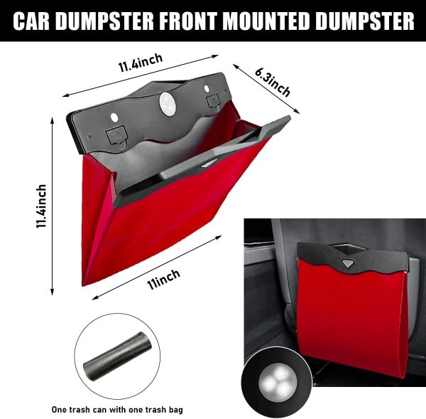 Hanging Car Trash Bag, Foldable Magnetic Garbage Can with Smart LED for Front Back Seat, Multi-Functional Waterproof Leather Rubbish Bag Storage Pocket, Car Accessories (Red) - Image 2