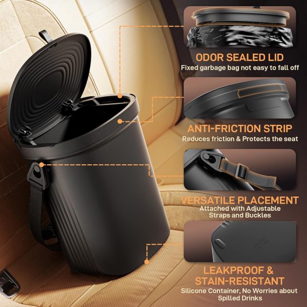 Trash Can for Car Garbage: Leakproof Silicone Car Waste Bin w/Lid for Drivers and Passengers; 1.9 Gallon Garbage Container for Vehicle, Sedan, , Van,  & Truck (Black) - Image 2