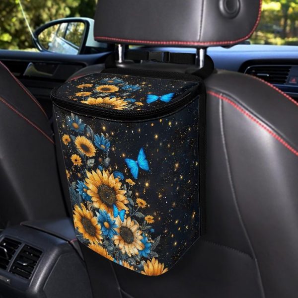 Blue Butterfly Sunflower Print Car Trash Can - Foldable, Automotive Garbage Bin with Leak Proof Hanging Bag - Image 2